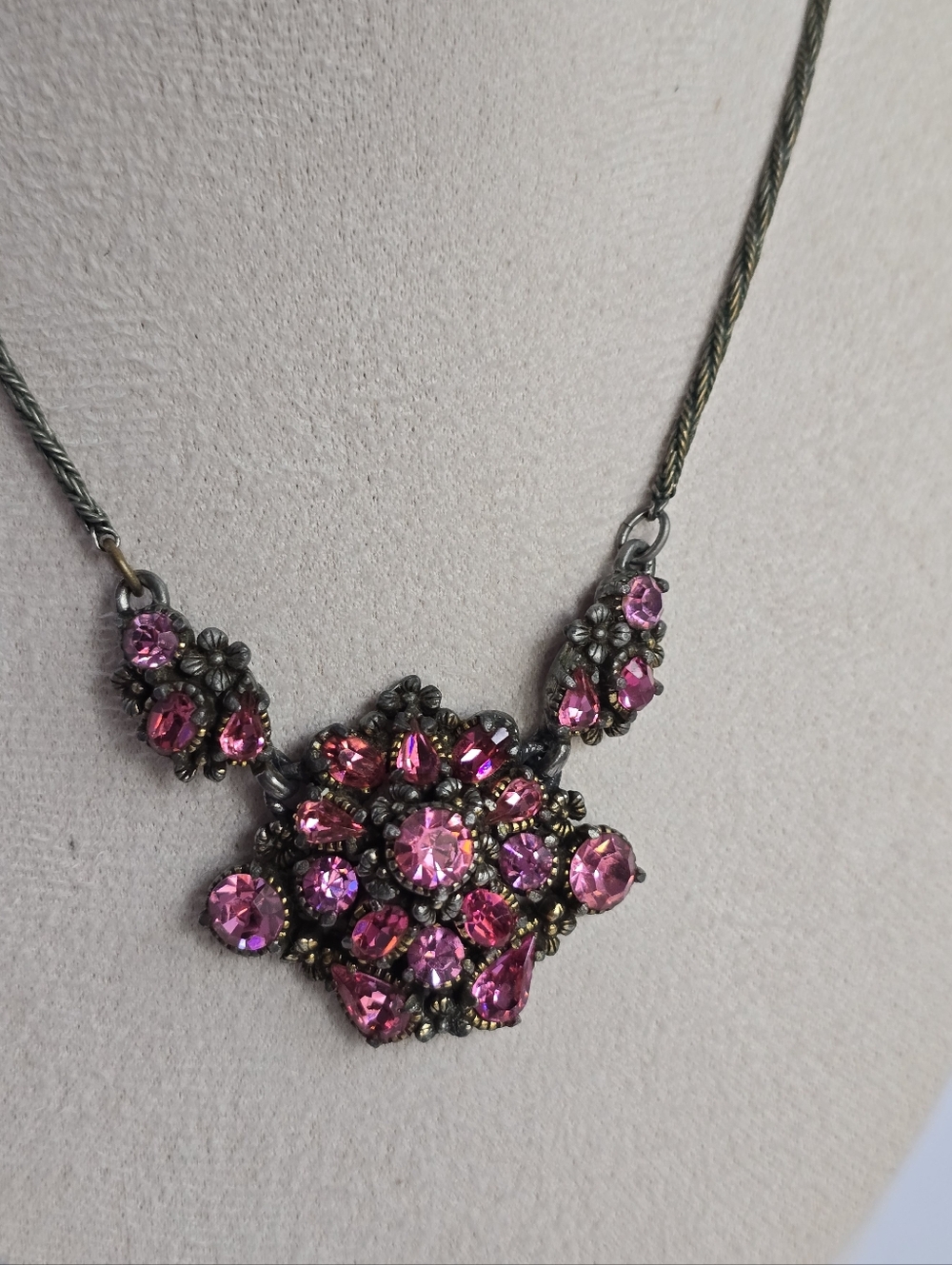 Hollycraft Vintage Pink Crystal Floral Cluster Pendant Necklace Fairy